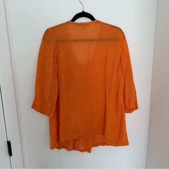 FLAX Woodstock Flowy Linen Blouse Orange V Neck Size Small Women’s 3/4 Sleeves - Picture 8 of 9